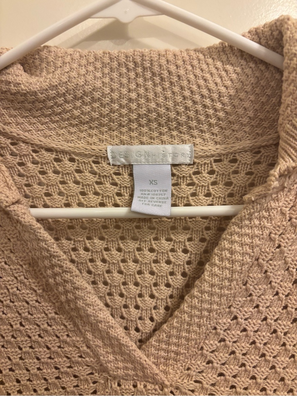 Women’s Design Story 100% Cotton Knit Cream Openwork V‑Neck Sweater - XS